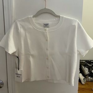 Aritzia white cropped short sleeve button sweater